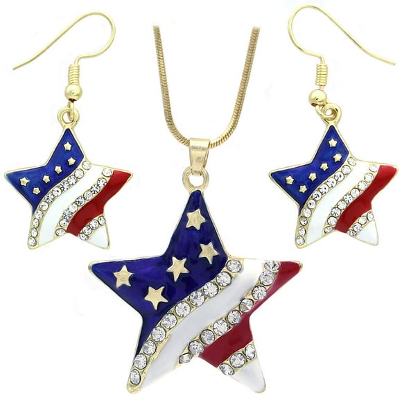 SoulBreezeCollection USA American Flag Stars Patriotic 4th of July Independence Day Pendant Necklace & Dangle Earrings Set (Dangle - Gld)