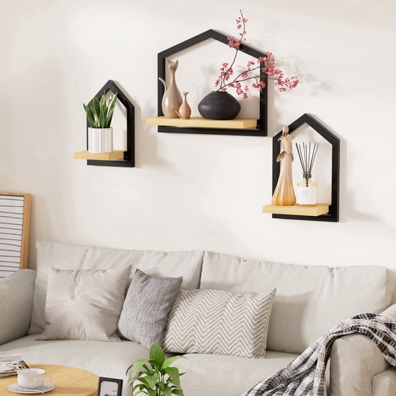 Engoet 3 Set House shaped floating shelf, wood metal