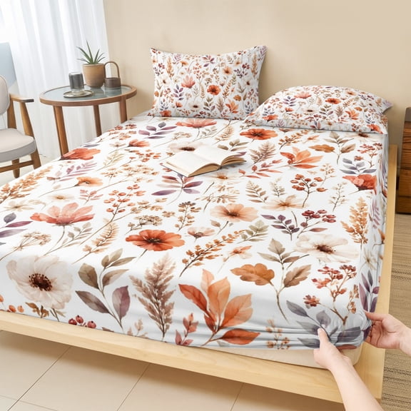 Queen Size Fitted Sheet Set - Fall Flowers 3 Piece Bedding Sets 16" Deep Pocket Fitted Sheet with 2 Pillowcases, Thanksgiving Botanical Blooms Floral Herbs Brushed Microfiber Hotel Luxury Bed Sheets