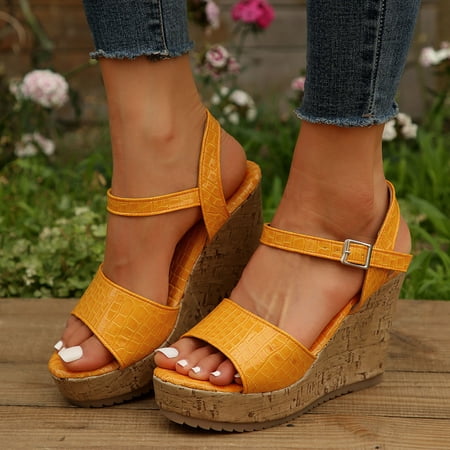 

UIX Ladies Simple Solid Color Wedge Heeled Sandals One Line Buckle with Fish Mouth Fashion High Heeled Plus Size Sandals