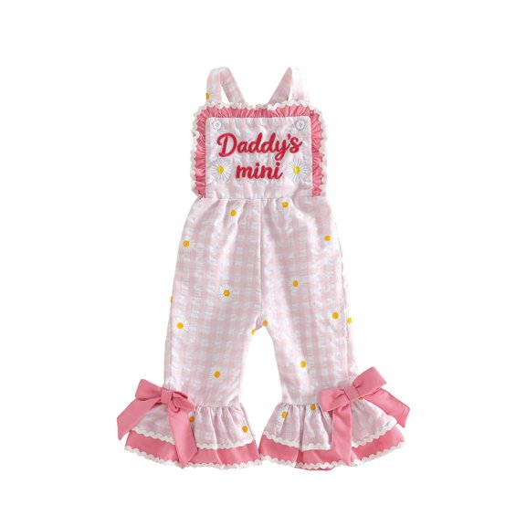 BemeyourBBs Toddler Baby Girls Summer Clothes Little Girl Overalls Romper Dady's Mini Letter Sunflower Embroidery Sleeveless Plaid Bell Bottoms Jumpsuit Flare Pants Toddler Girls Summer Outfit