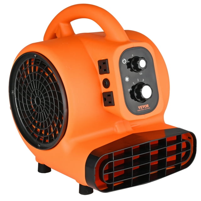 VEVOR Floor Blower, 1/4 HP, 1000 CFM air mover in a vibrant orange finish with a compact, portable design. Features include a built-in handle, control panel with adjustable speed settings, and a timer function. The blower has four adjustable blowing angles (0°, 20°, 45°, 90°) and a built-in socket for connecting multiple units. Ideal for drying carpets, cooling spaces, and ventilating areas in home, commercial, and industrial settings. ETL listed for safety.