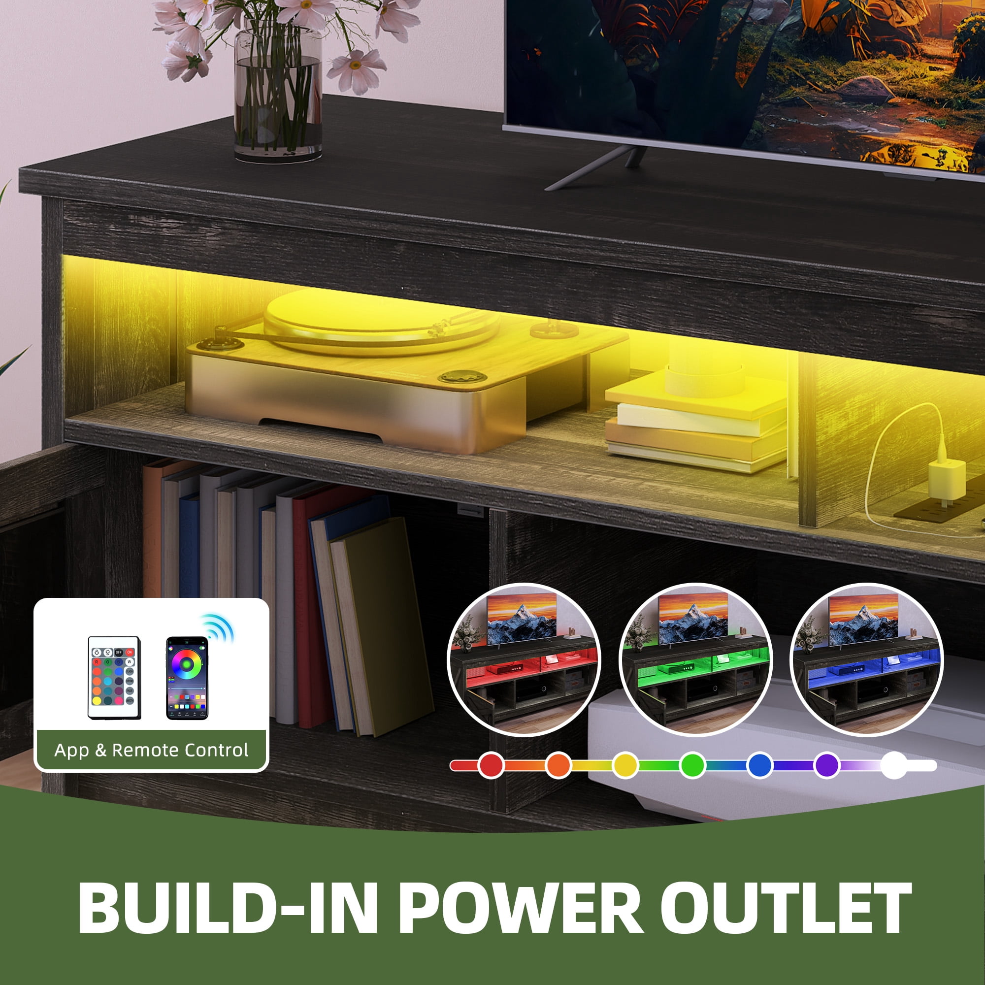 Uforic 65" Farmhouse TV Stand for 60/65 Inch TV with Power Outlet,Entertainment Center TV Console with LED Light, Dark Gray