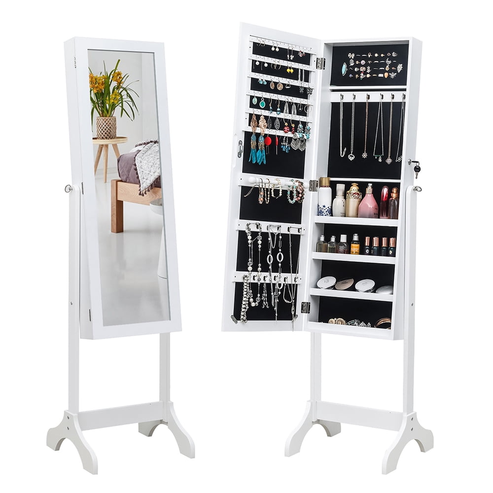 Kepooman Non Full Mirror Wooden Floor Standing 4-Layer Shelf Jewelry Storage Adjustable Mirror Cabinet - White Kepooman Non Full Mirror Wooden Floor Standing 4-Layer Shelf Jewelry Storage Adjustable Mirror Cabinet - White