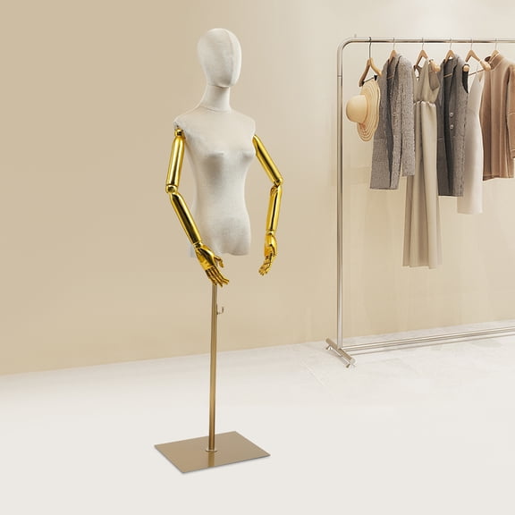 1 PCS Off-white  Gold Female Mannequin, Height Adjustable Display Mannequin Body 150-200 cm/ 59. 06-78. 74 in, Half Body Mannequin for Clothing Display, Detachable Arms