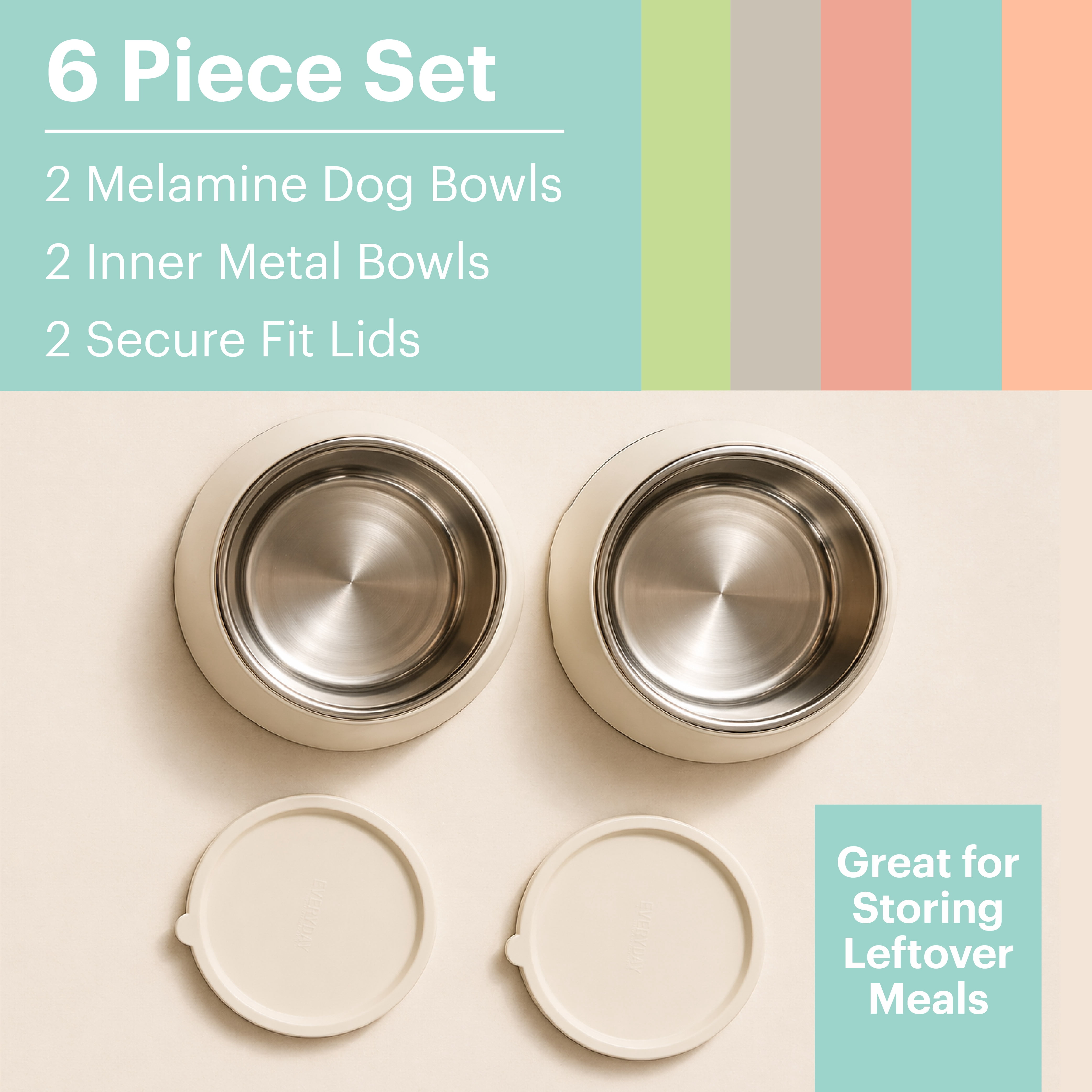 3 in 1 Martha Stewart Melamine Dog Bowl Set with Lid for Small/Medium Dogs, Cream