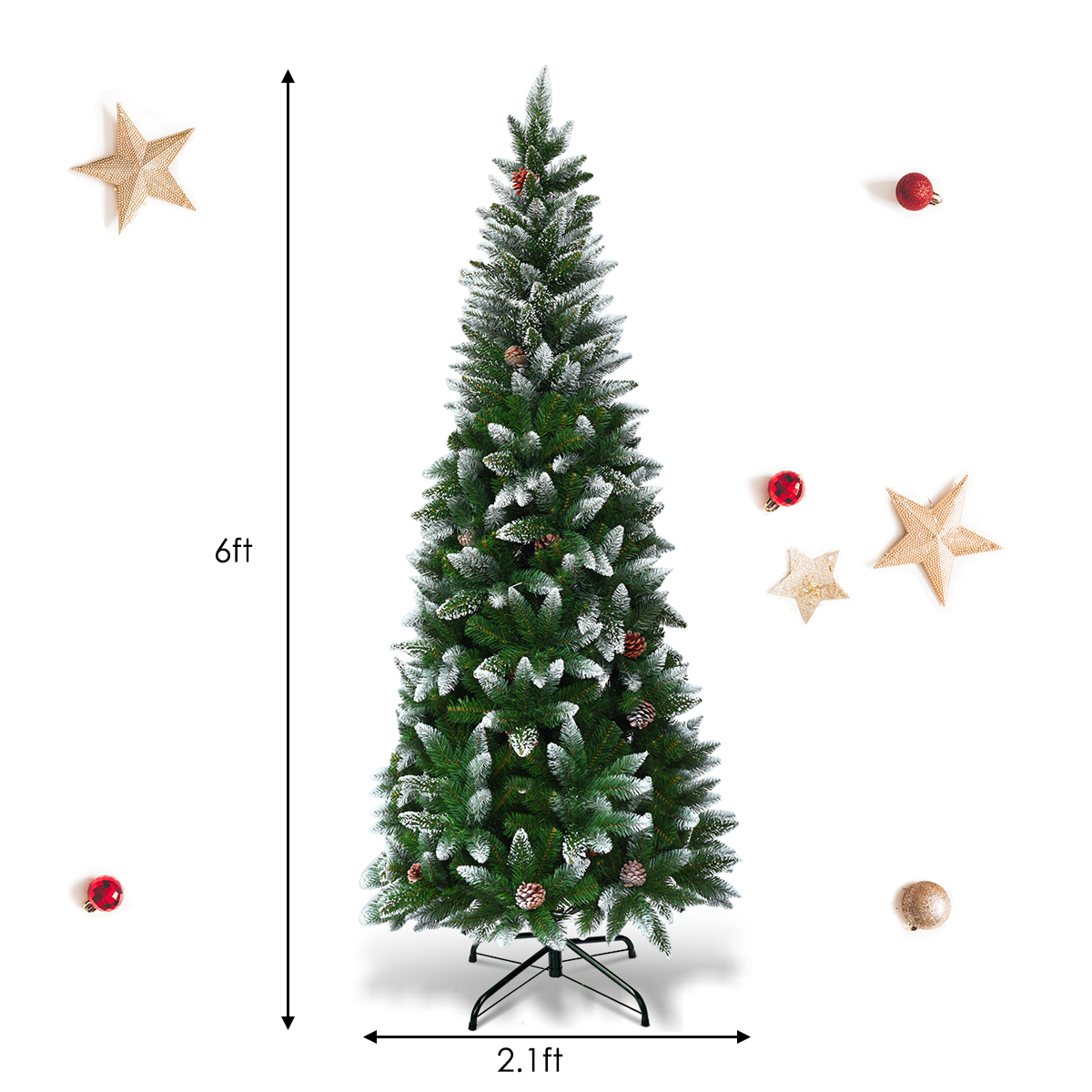 Costway 6ft Snow Flocked Unlit Pencil Christmas Tree Hinged Pine Cones - image 3 of 9