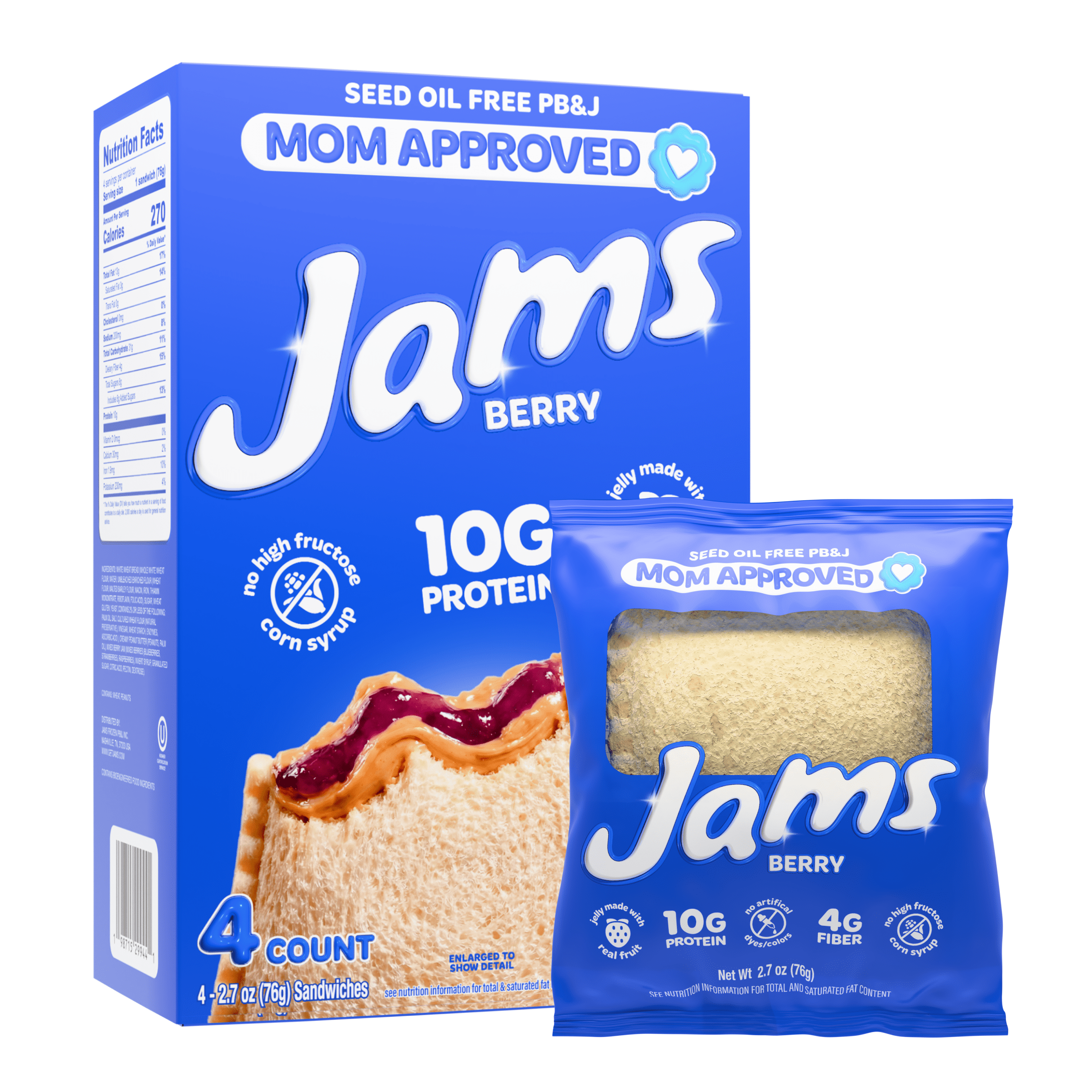 Jams Mixed Berry Protein 10g PB&J Frozen Sandwiches 4 count, 10.8 oz