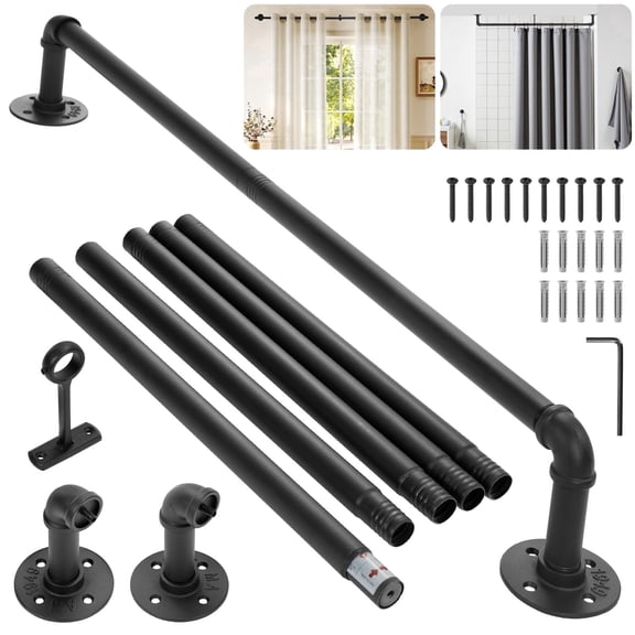 BEAMNOVA Industrial Curtain Rod for Windows, 48" to 84" Adjustable Long Curtain Rod, Black Iron Curtain Rod for Outdoor/Indoor, Wall Mounted or Ceiling (2 Pack)