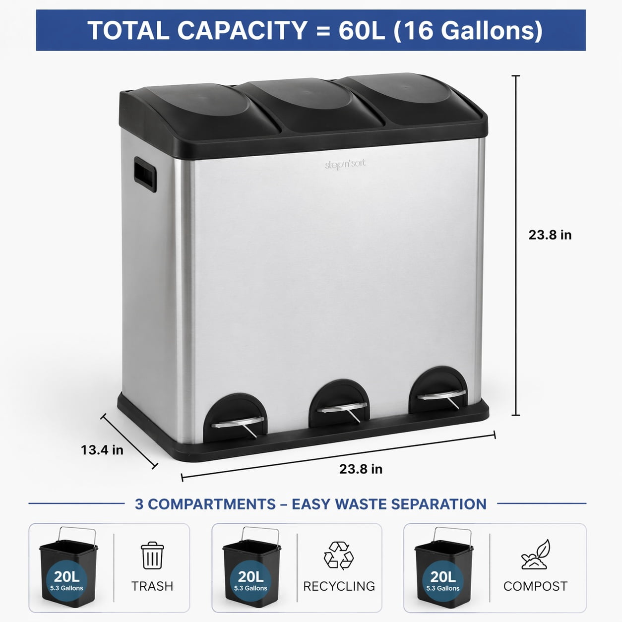Step N’ Sort poubelle 60 L à 3 compartiments – système de tri cuisine (déchets, recyclage et compost), pédales mains libres, acier inoxydable avec bacs amovibles