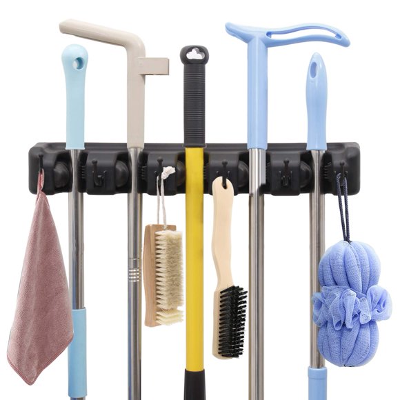 Wall Mount Broom Holder - Organizer Stainless Steel for Mop Dustpan Closet Tool Storage Utility Rack Kitchen Cabinet Door Hanger Black
