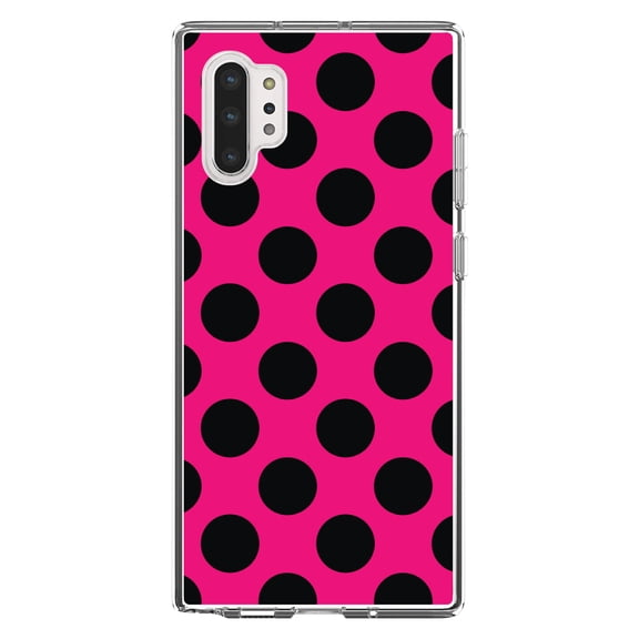 DistinctInk Clear Shockproof Hybrid Case for Galaxy Note 10 PLUS (6.8" Screen) - TPU Bumper, Acrylic Back, Tempered Glass Screen Protector - Black & Hot Pink Polka Dots