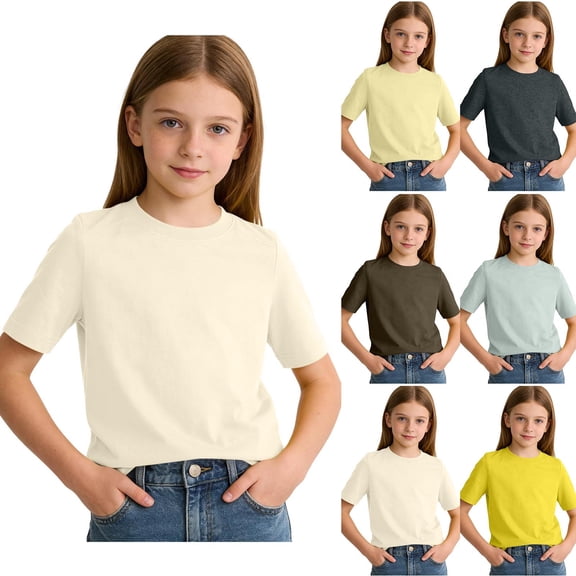 Fengqque Boy and Girl's Short Sleeve Shirts Summer Crewneck T-Shirts Casual Solid Color Tops Tees 3-16 Years Yellow 15-16 Years