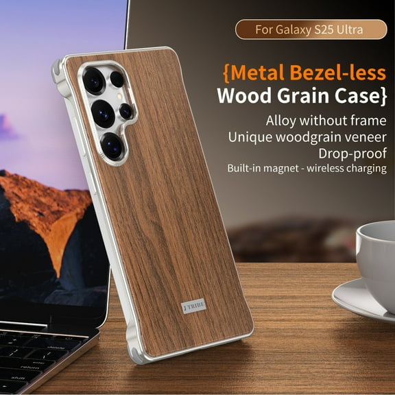 ELEHOLD Magnetic Case for Samsung Galaxy S25 Ultra, Frameless Shockproof Wood Grain Aluminum Phone Case, Wireless Charging Compatible,A