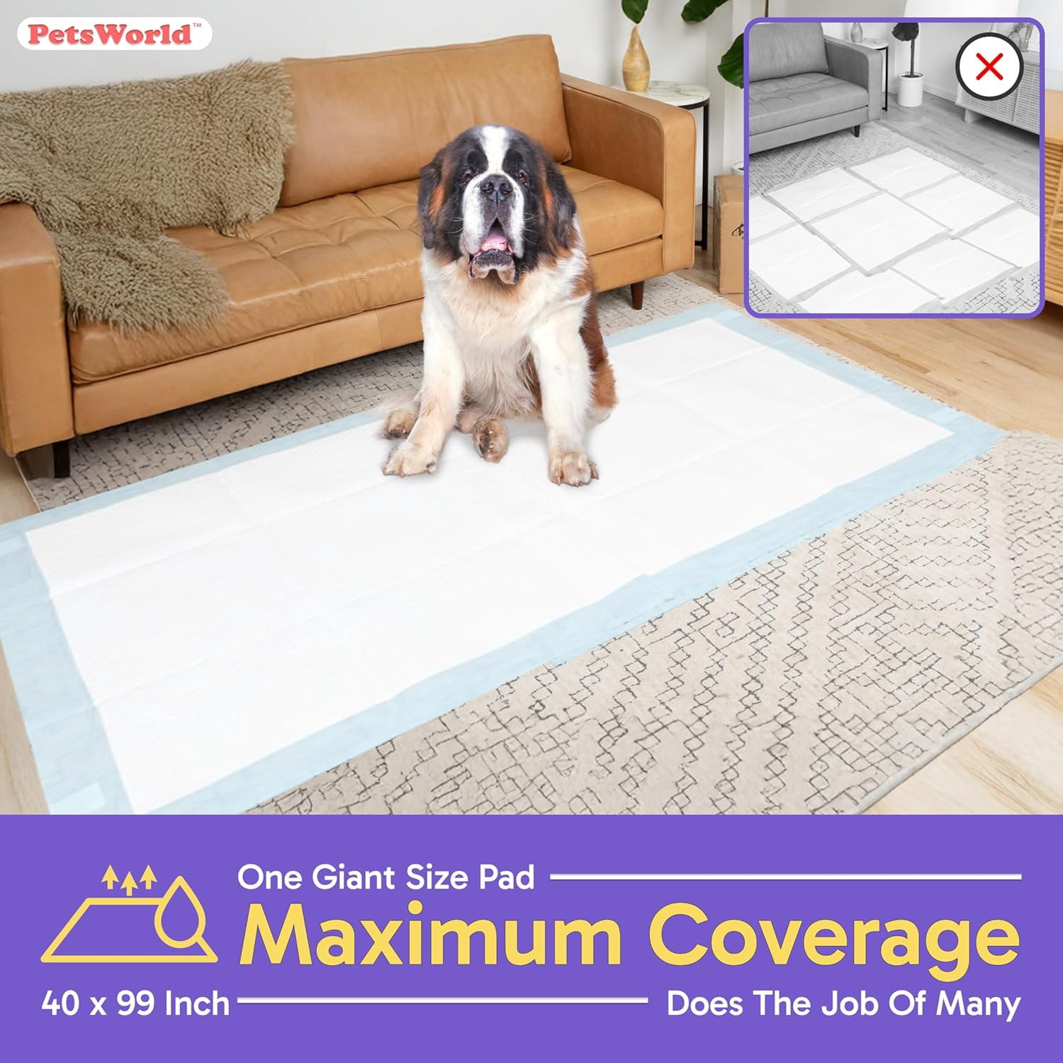 PETSWORLD 4XL Gigantic Dog Pee Pads, 40"x99", 10 Count, with Adhesive Tape, 5-Layer Leak Proof Protection