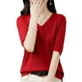 thumbnail image 2 of Pimfylm Short Sleeve Sweater for Women V Neck Lightweight Pullover Sweaters Loose Dressy Fashion Spring Sweaters Red, M, 2 of 5