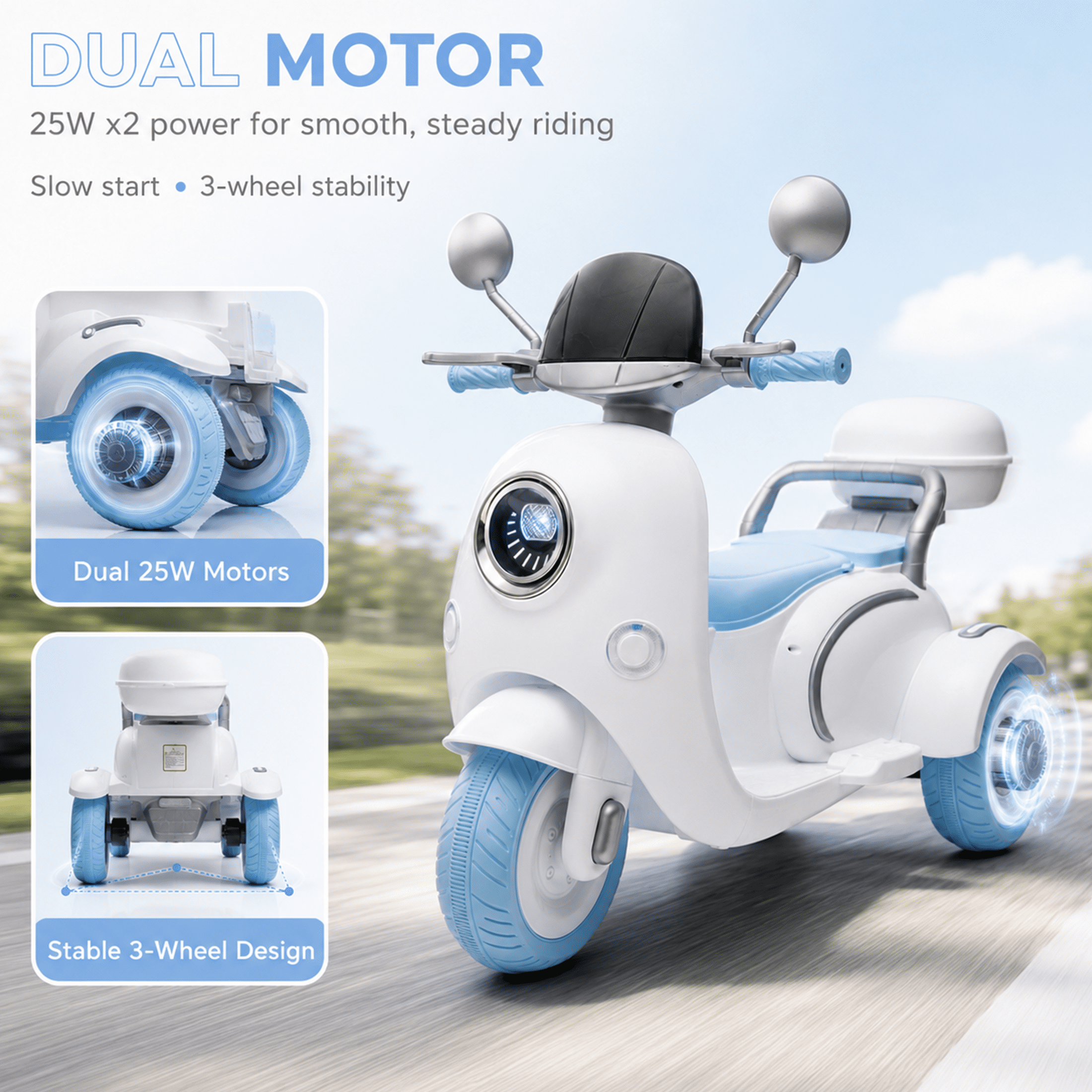 12V Electric Motorcycle for Kids, 2 Seater Battery Power Ride on Motorcycle Toys with Slow Start, LED, Music, USB, 3 Wheel Electric Motorcycle for Boy Girl Birthday Gift, Blue