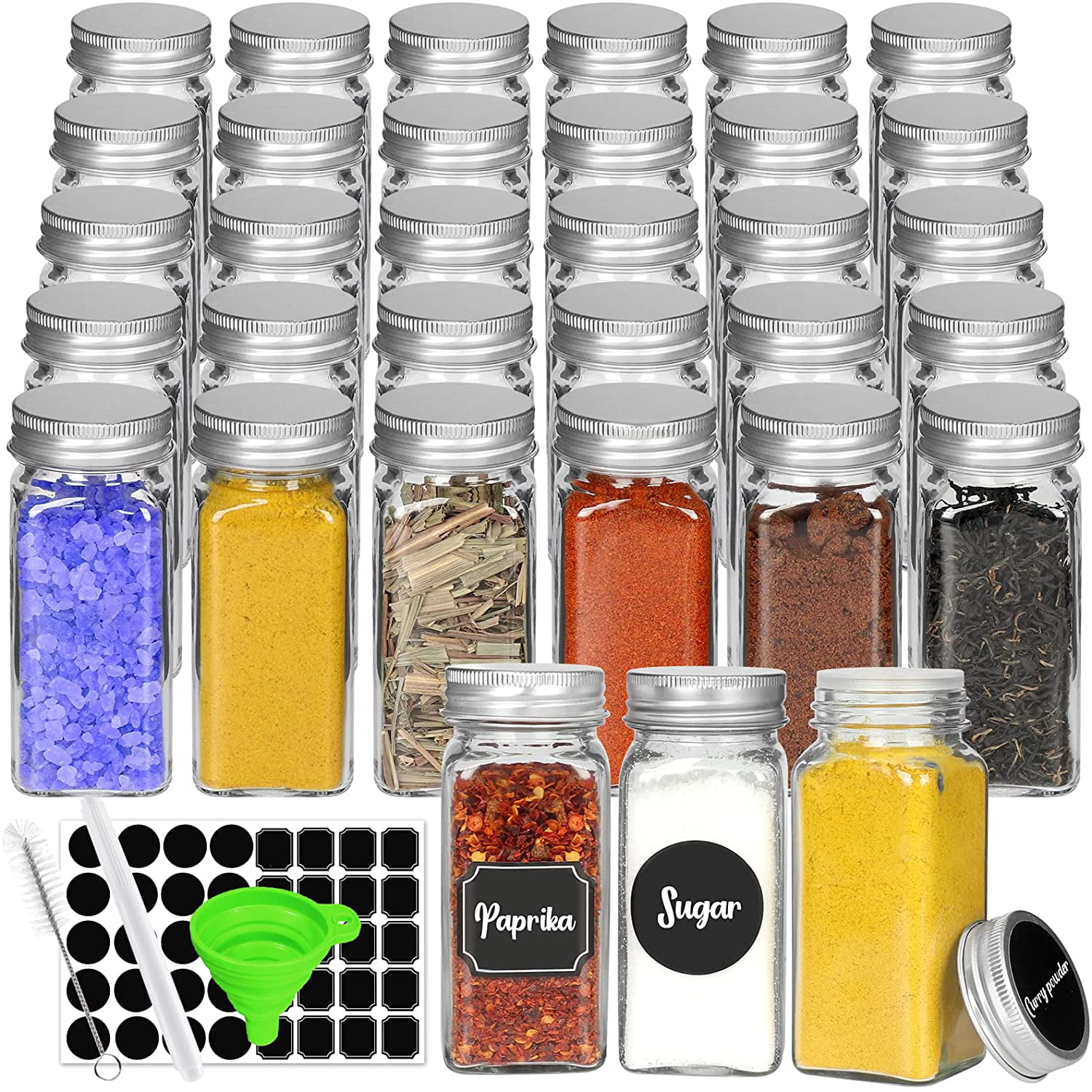 6oz Empty Square Spice Bottles with Shaker Lids and Airtight Metal Caps 30 Pcs Glass Spice Jars with Spice Labels Chalk Marker and Silicone Collapsible Funnel Included