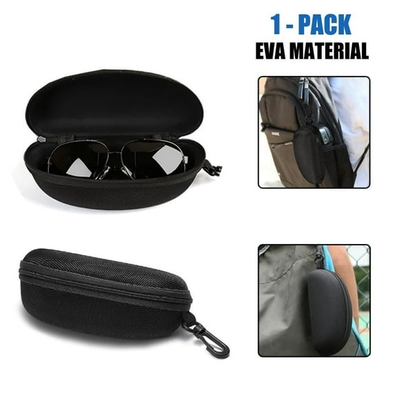[1 PACK] Portable Glasses Case, AYAMAYA Ultra Light Soft EVA Sunglass Case with Zipper, Universal Waterproof Eyeglass Box with Hook & Belt (Black)