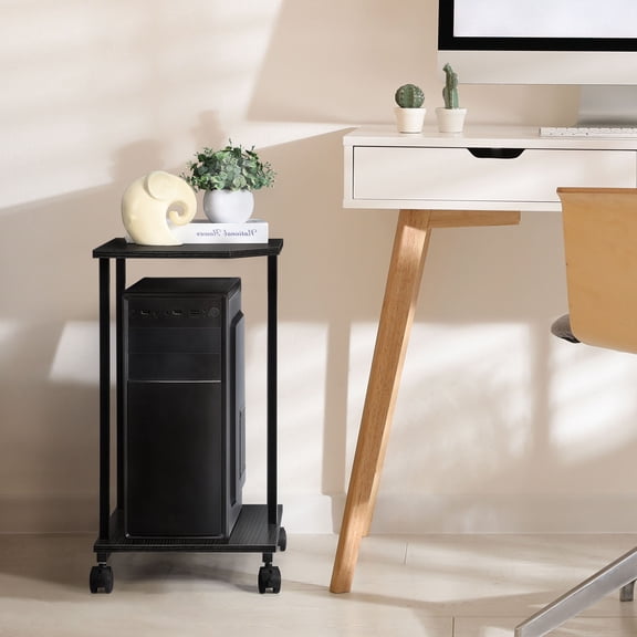 Black Computer Tower Stand with Wheels, 2-Tier Mobile CPU & Printer Cart with Lockable Casters for Home Office