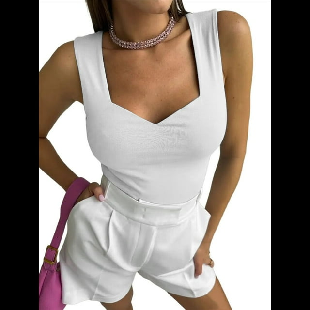 Camisetas Sin Mangas con Cuello en V para Mujer, Camisetas Básicas, Camisetas de Corta, Camisetas de y Verano, Camisetas Informales Ajustadas Acanaladas, , L