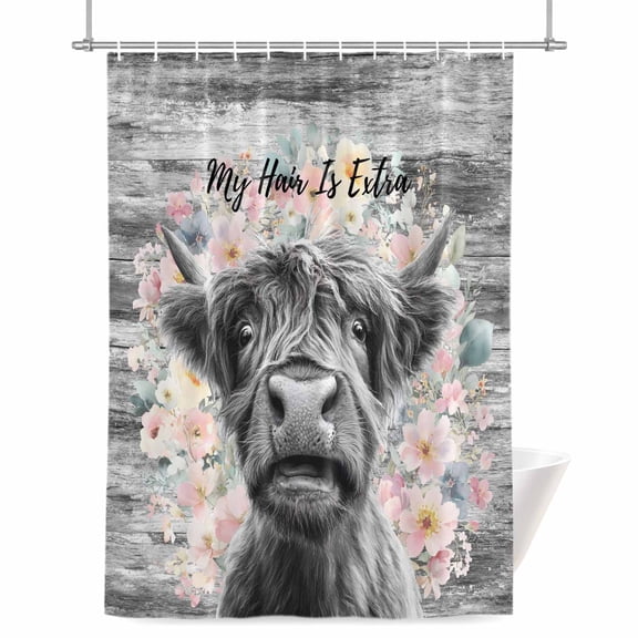 Gray Highland Cow Shower Curtain, 36" x 72", Abstract Animal My Hair Is Extra Pink Flower Wood Grain Waterproof Bathroom Curtain Washable Shower Curtain Set with 12 Hooks