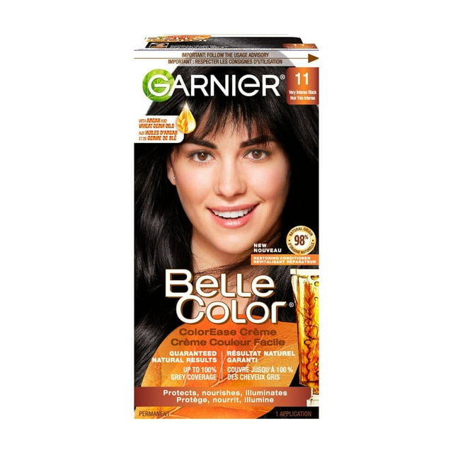 Garnier Belle Color Permanent Hair Dye, 11 Very Intense Black, 100% Grey Coverage, Enriched with Argan Oil and Wheat Germ Oils - 1 Application