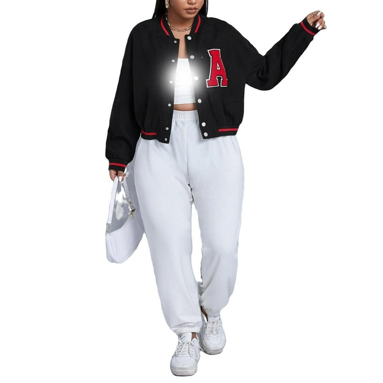 Women's Plus Size Casual Letter Baseball Collar Varsity Long Sleeve Jacket