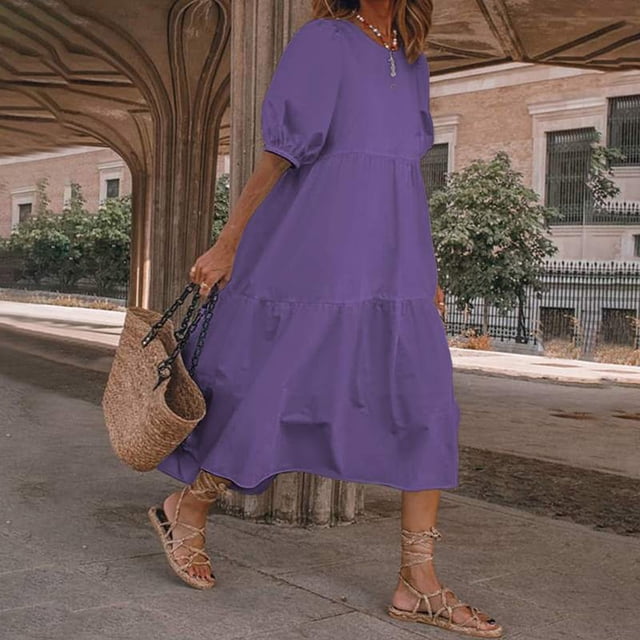 YUNAFFT Robes pour Femmes Liquidation Mode Femmes Ample Couleur Unie Col Rond Manches Bouffantes Robe Décontractée Manches Courtes Vente