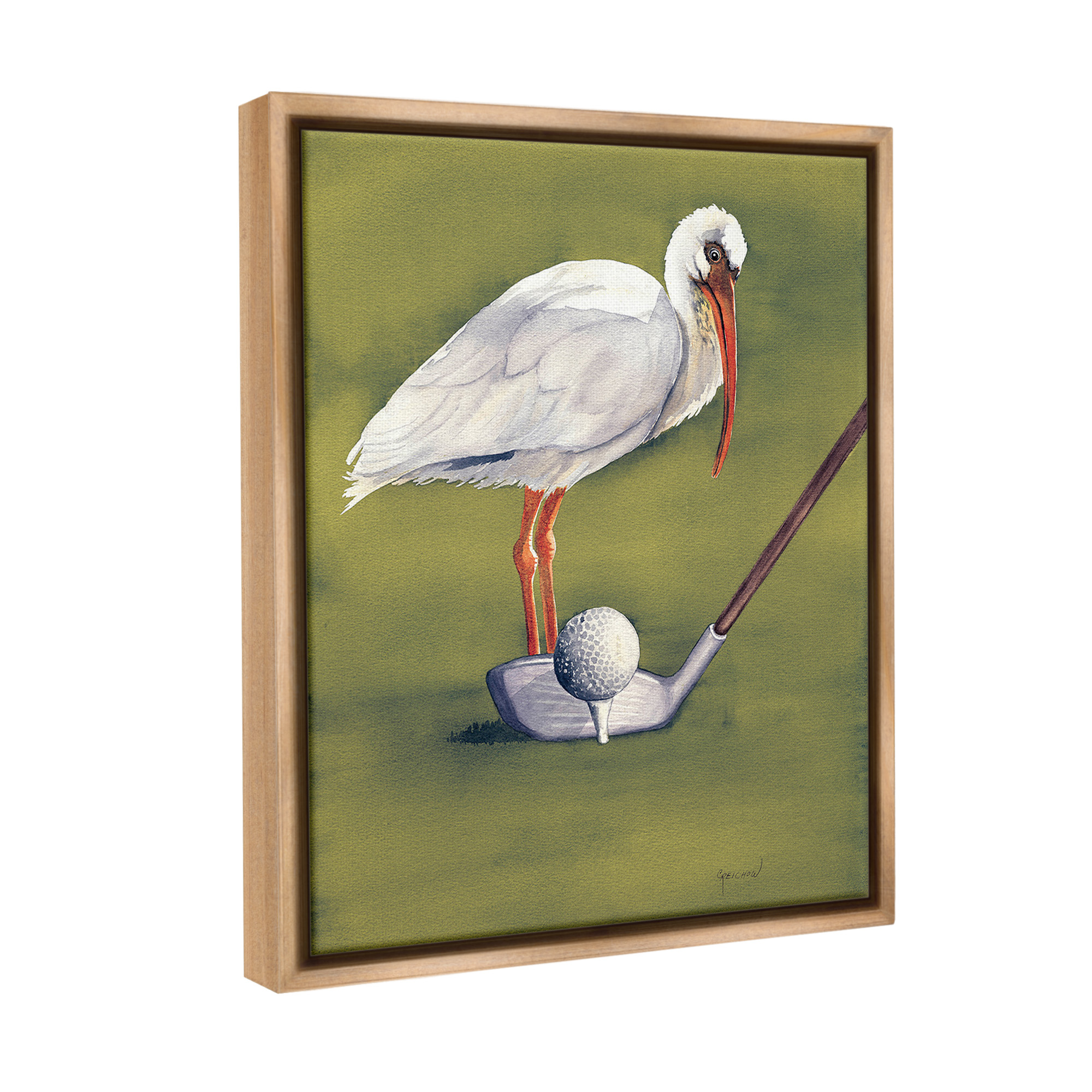 Stupell Industries Bird with Golf Club Animals & Insects Painting Brown Floater Framed Canvas Art Print Wall Art, 25 x 31