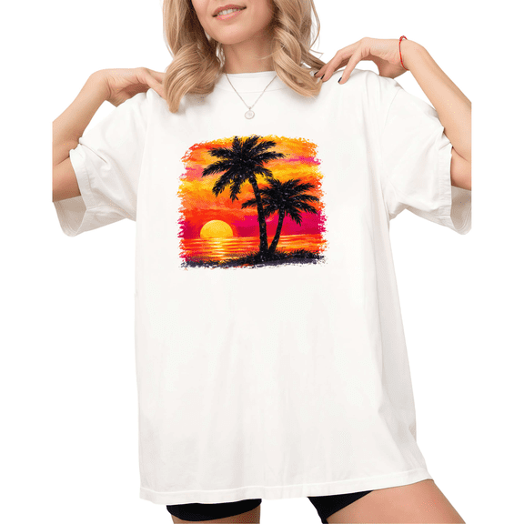 UNISHE Women's Vibrant Tropical Sunset Palm Tree Graphic White Short Sleeve T-Shirt S-5XL Simple Crewneck Top