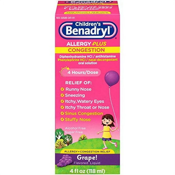 5 Pack - Children's Benadryl D Allergy & Sinus Oral Solution, Grape, 4 oz Each