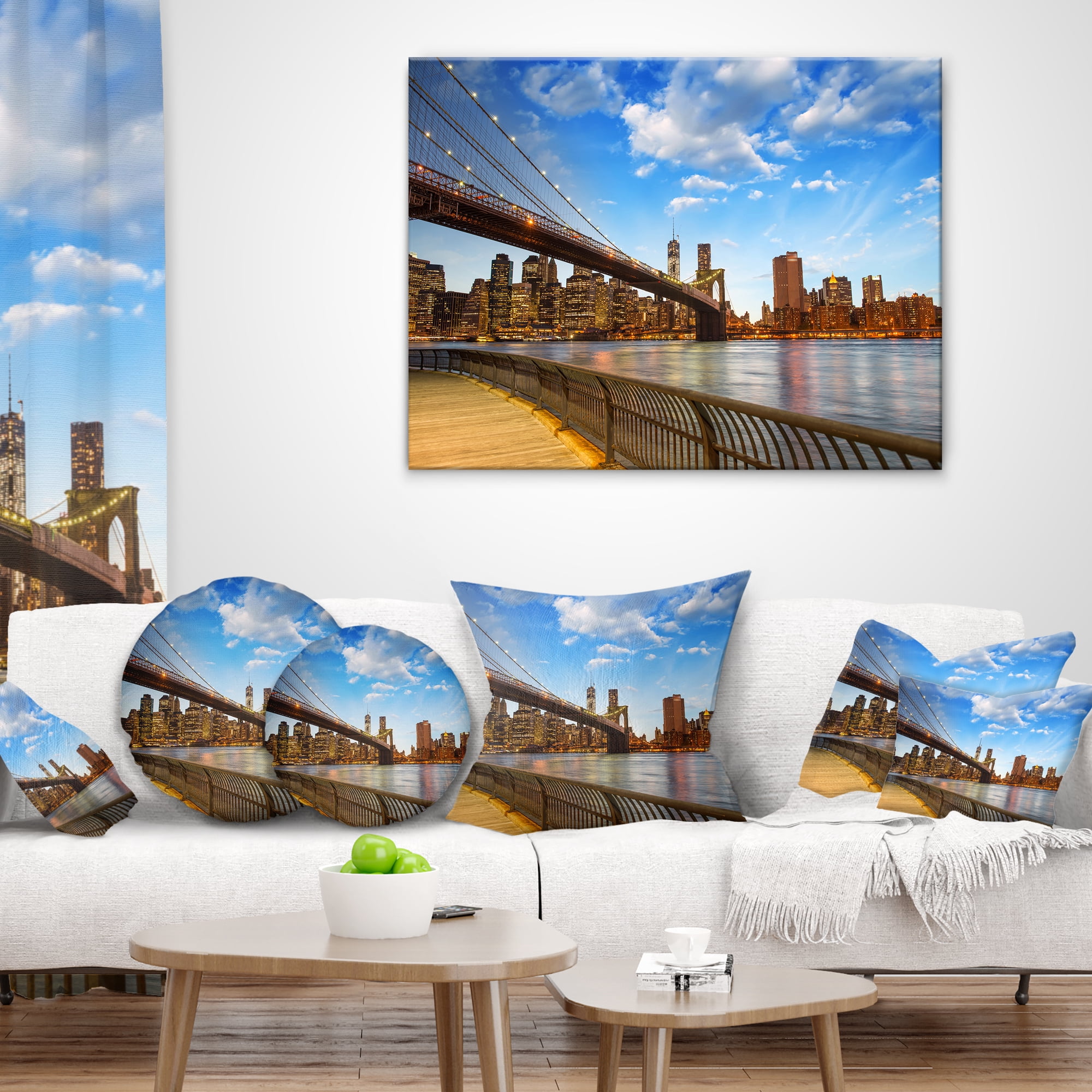Designart Calm Sky Over Brooklyn Bridge - Cityscape Photo Throw Pillow - 12x20