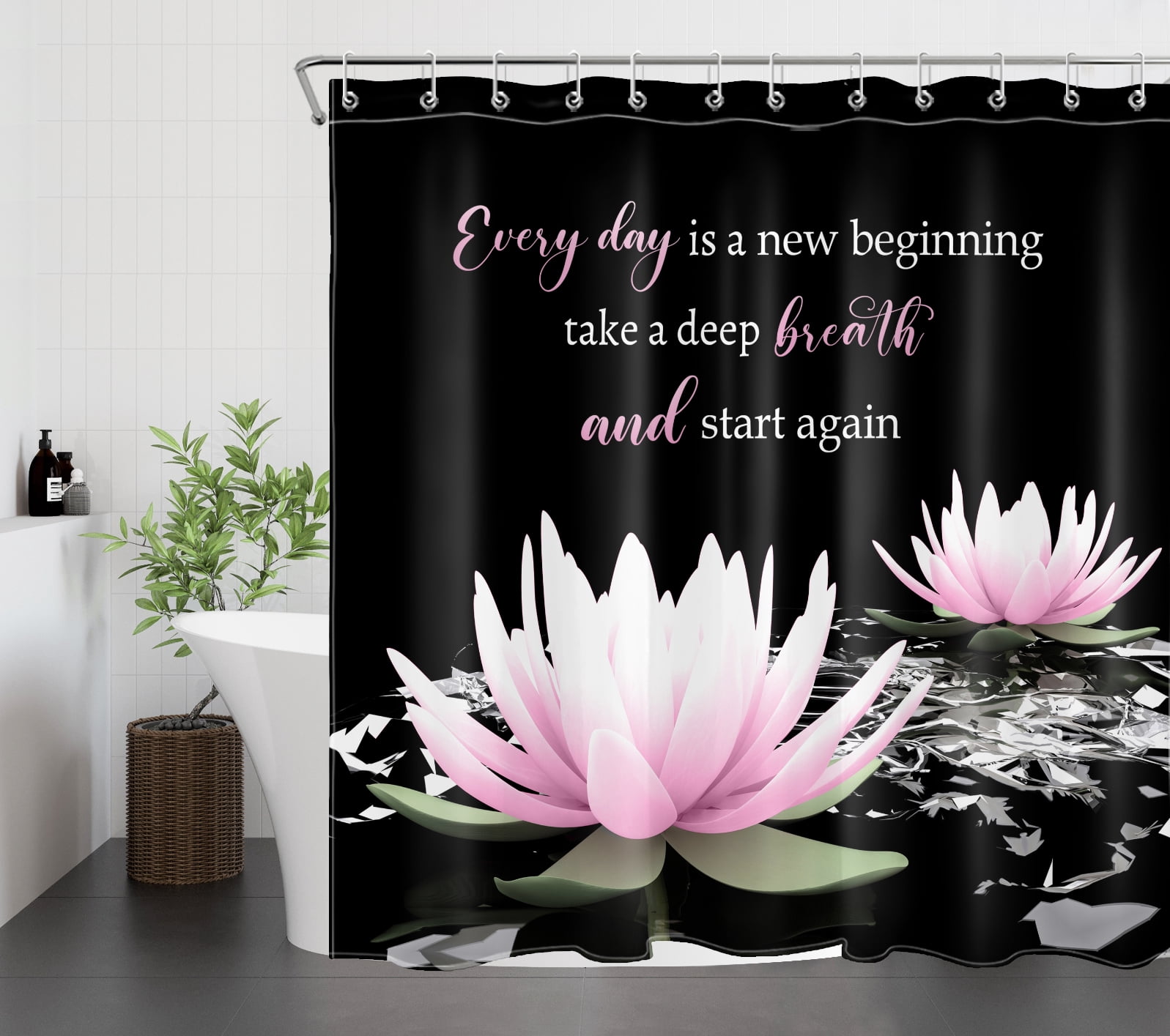 HVEST Pink and Black Floral Shower Curtain with Pink Water Lily and Inspirational Quotes Design - Zen Spa Flower Bathroom Decor, Waterproof Polyester Fabric, Includes 12 Hooks, 72x72 Inches