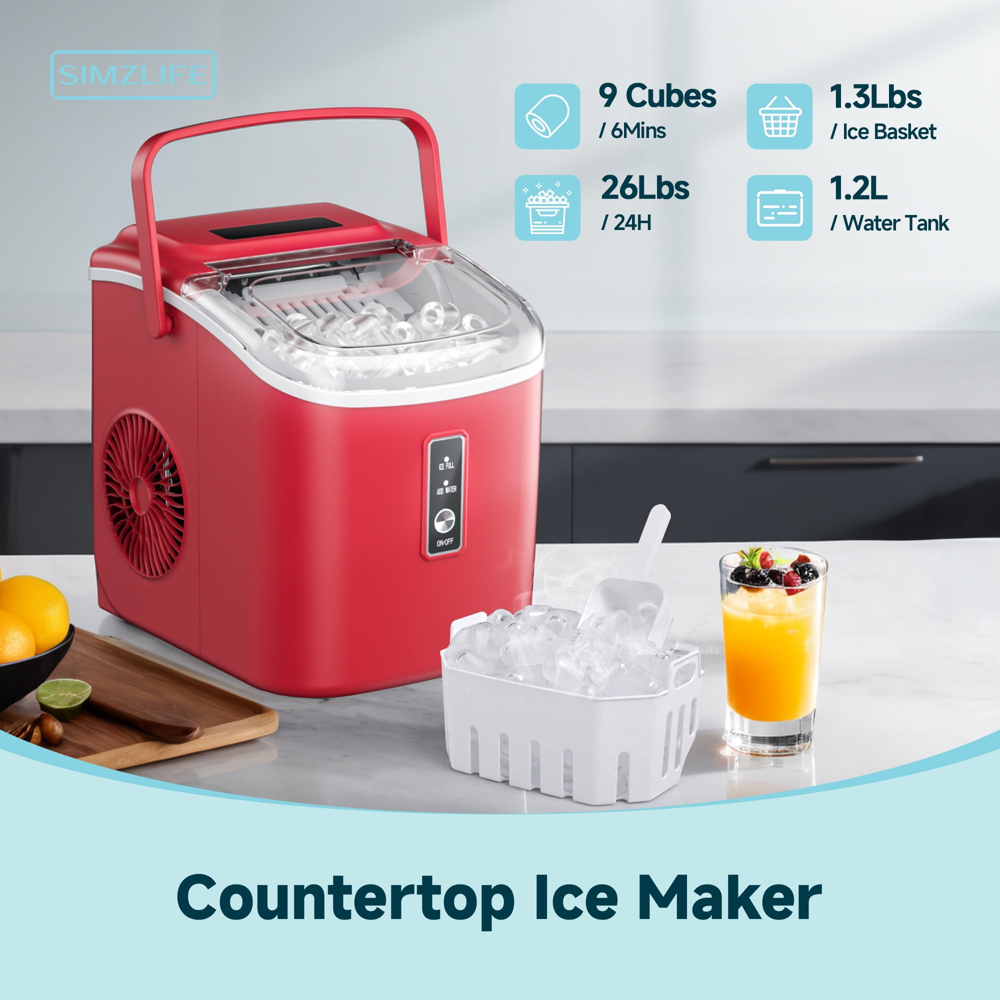 Simzlife Countertop Ice Maker with Handle,Portable Ice Machine with Basket and Scoop, 9 Bullet Ice In 6 Mins, 26Lbs/24H, Self-Cleaning