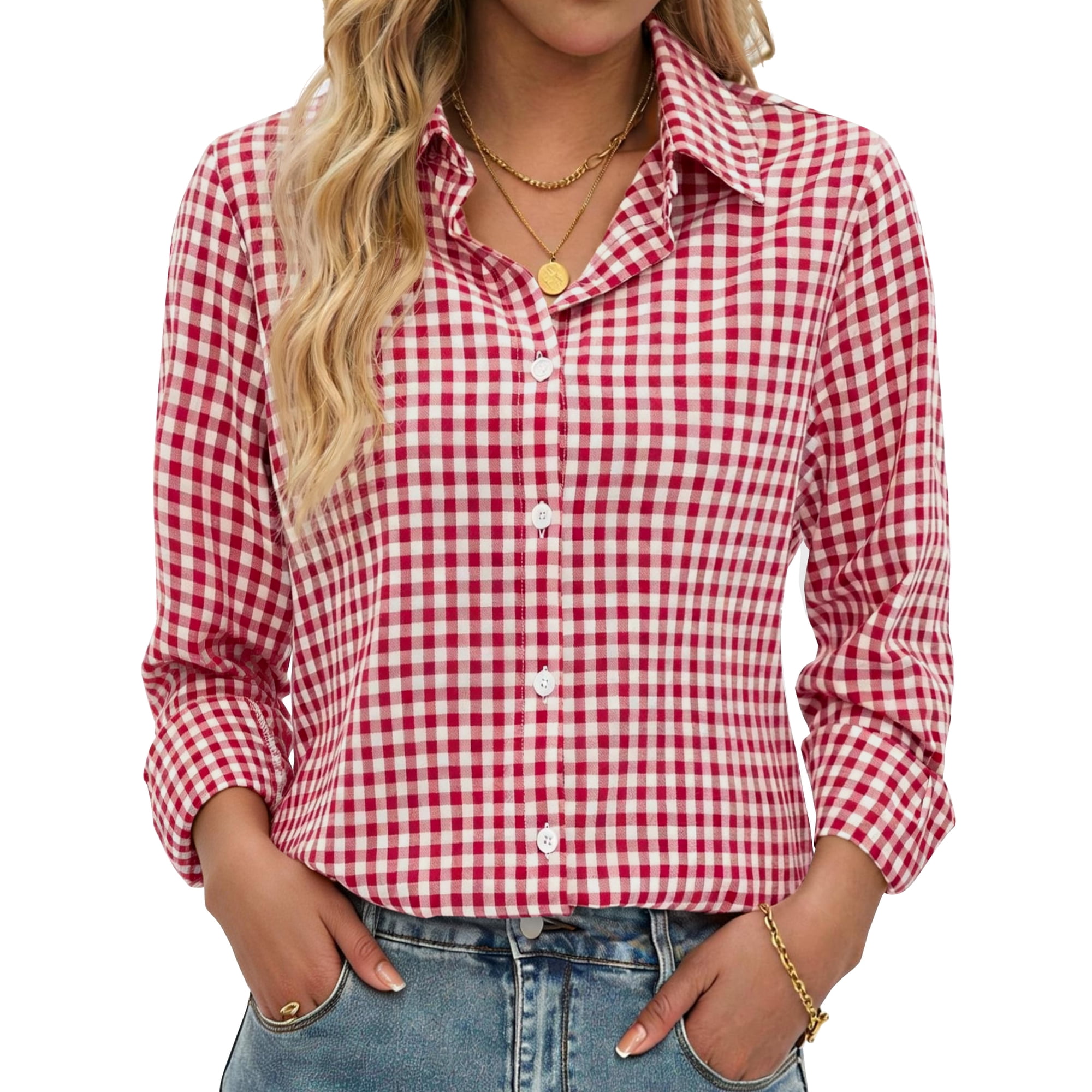 Fantaslook Plaid Button Down Shirts for Women Dressy Casual Long Sleeve Shirts Collared Work Blouses Tops