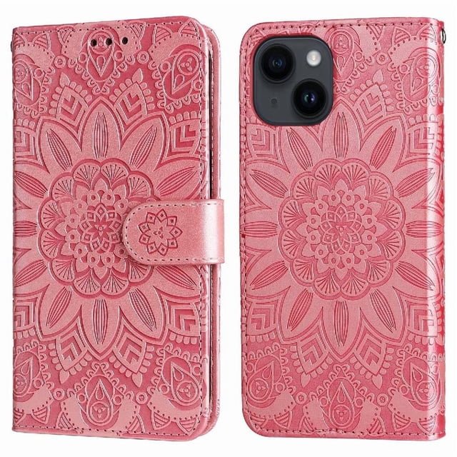 Funda tipo cartera GANGXUN para iPhone 15 , diseño girasol, cuero PU, soporte, cierre magnético, tarjetero