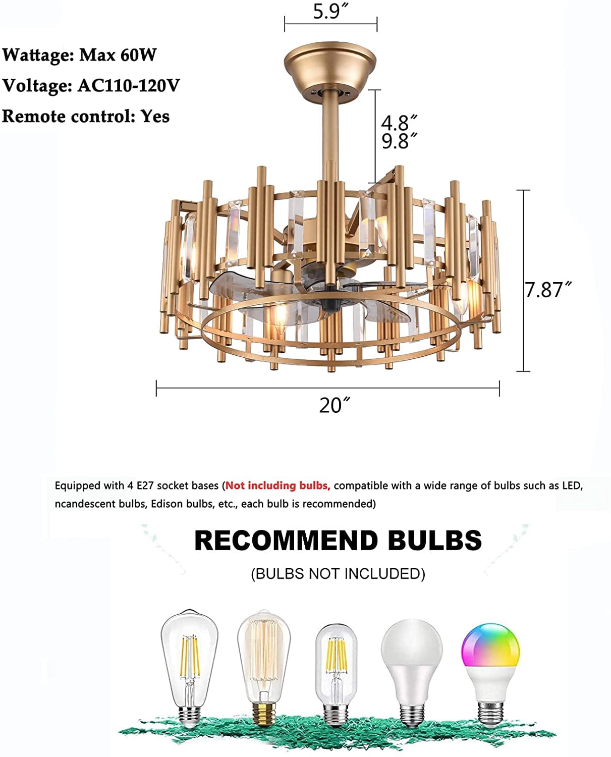 FETCOI Matte Gold Ceiling Fan with Lights and Remote Control Ceiling Fan Light Flush Mount