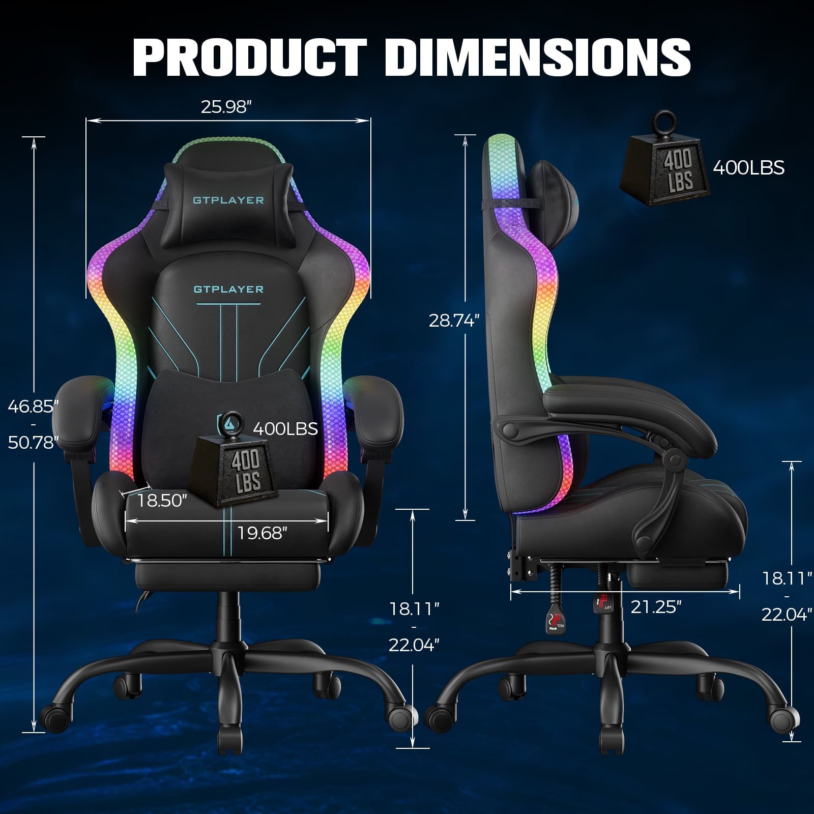 GTPLAYER RGB Gaming Chair with Timed LED Lights, 400LBS Capacity Gaming Office Chair with Reclining Backrest & Retractable Footrest for Gaming & Office, Blue