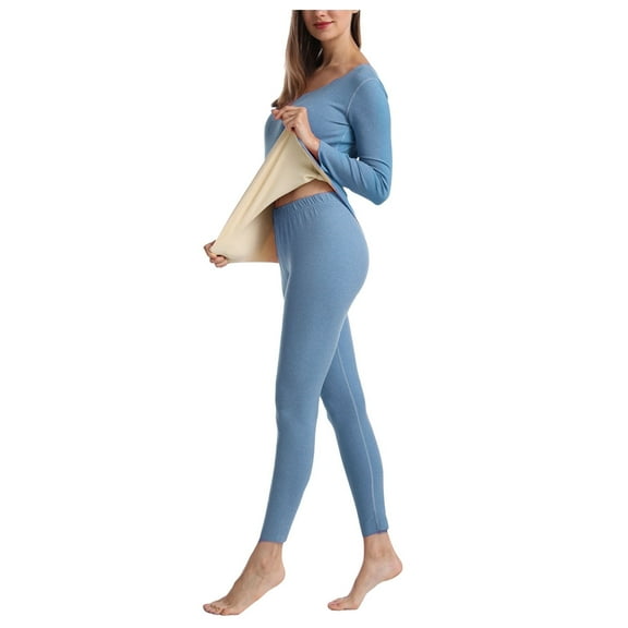 Womens Two-piece Suit Long Sleeve O Neck Blouse Thermal Underwear Soft Comfortable Top and Pants Ensemble