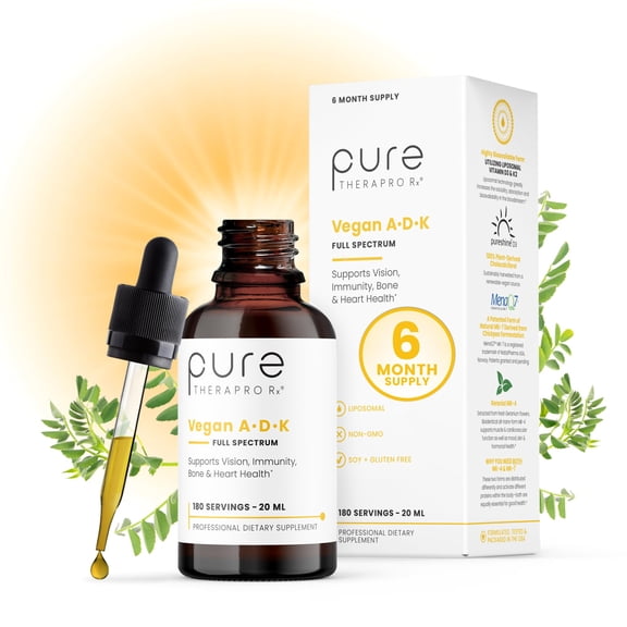 Pure TheraPro Rx Vegan A-D-K Drops - 6 Month Supply - Vitamin A (Palmitate), Liposomal Vitamin D3 (Pureshine), Liposomal Vitamin K2 (MK-4 & MK-7) Supports Immunity & Bone Health - 20 mL
