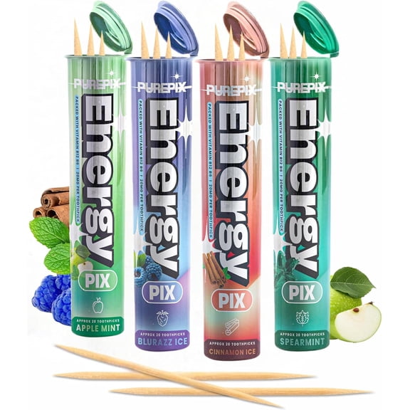 4-Flavor Variety Pack: Caffeine Infused Performance Chews with B12, B6, L-Theanine | Sugar-Free Flavored Toothpicks for Focus & Sustained Energy | Portable 20-Count