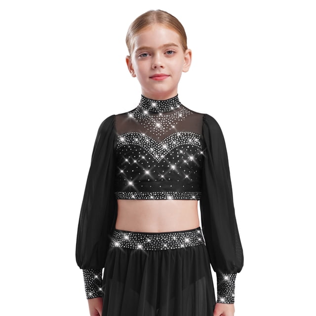 renvena Kids Girls Sparkly Rhinestone Long Sleeve Figure Skating Dance Crop Tops Lyrical Ballet Black 6