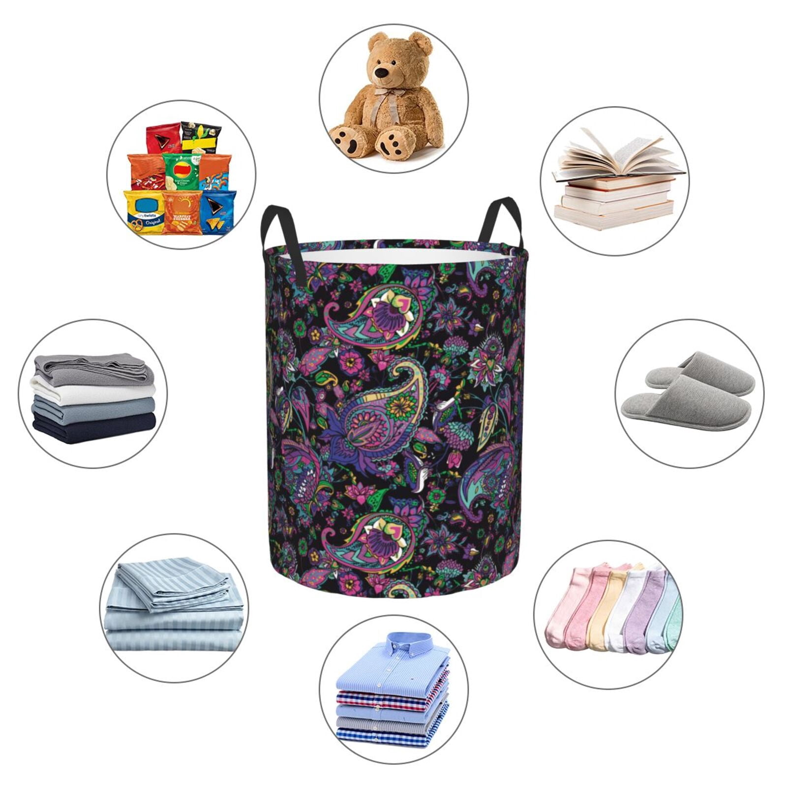 Large Laundry Basket with Handles - Purple Green Flower Paisley Kids Baby Dirty Clothes Laundry Hamper for Bedroom Aesthetic
