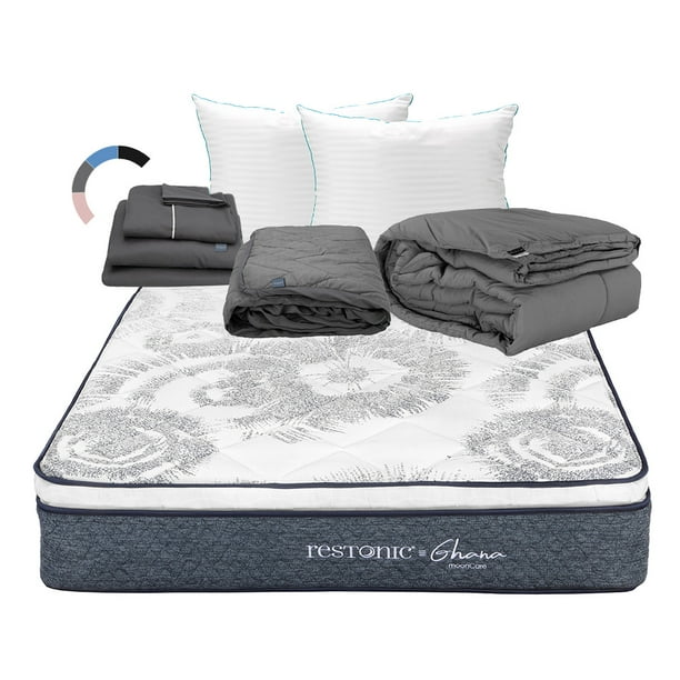 Colchón Matrimonial Restonic Ghana + Almohadas Royal Twin + Protector de Colchón Lux + Sábanas Royal + Edredón Homy