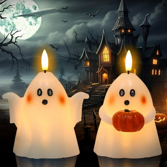 2 Pack Halloween Flameless Candles with Remote and Timer, Battery Operated Hand Painted Pumpkin Ghost 3D Wick Flickering White LED Pillar Candles Spooky Ghost Face Halloween Decor