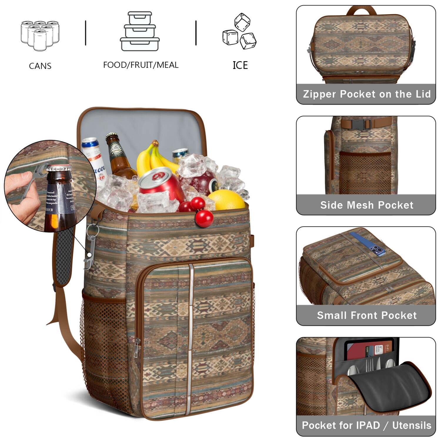 Travel Cooler Bag - Boho Bohemia Pioneer Flower Geometric Line Art Camping Beer Cooler Backpack with Bottle Opener- Waterproof Insulated Picnic Backpacks - Cooler Bag for Beach
