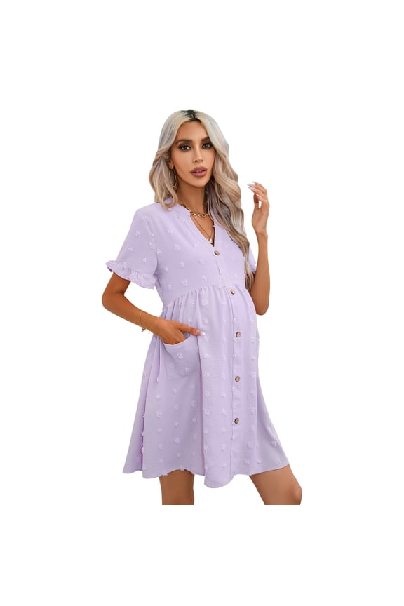 Maternity Swiss Dot Dress Summer V Neck Short Sleeve Button Down Mini Dress With Pockets