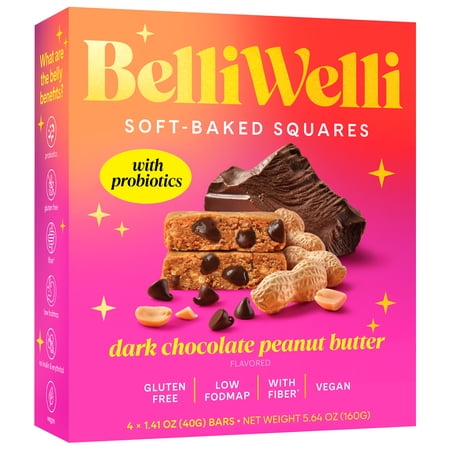 BelliWelli, Dark Chocolate Peanut Butter, Soft-Baked Probiotic Bar, 4 x 1.4 oz bars