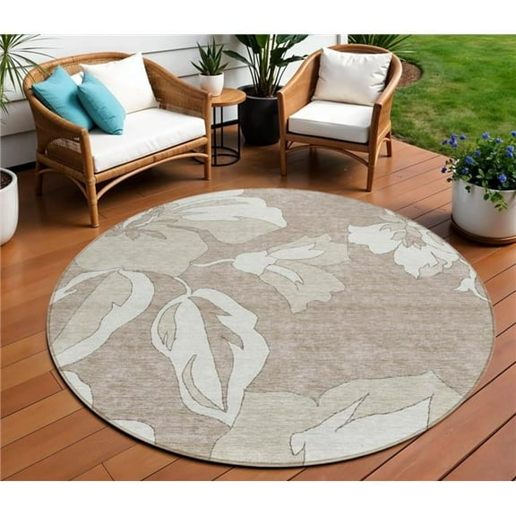 HomeRoots 589580 8 ft. Round Floral Washable Indoor & Outdoor Area Rug, Taupe, Beige & Ivory